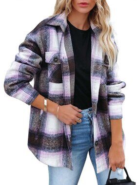 〽️Women Purple Black Flannel Plaid Button Down Brush Pocket V-Neck Winter Jacket